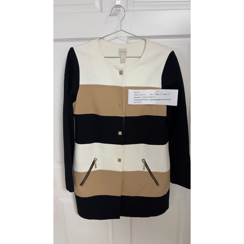 Chico’s Colorblock Jacket Size 1 Black Tan White Zip Pocket Jacket